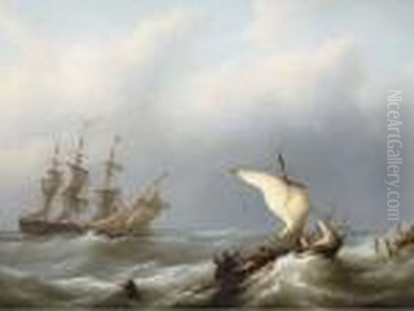 Dutch Shipping Offshore In A Heavy Swell, The Merchantman Flying Her Identification Oil Painting by Martinus Schouman