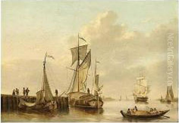 Shipping By A Jetty In A Calm; Sailing Vessels In An Estuary Oil Painting by Martinus Schouman