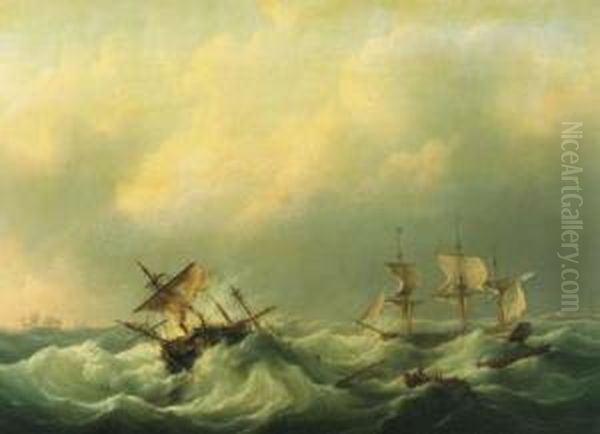 A Dutch Brig Comming To The Aid Of A Frigat In Distress Oil Painting by Martinus Schouman