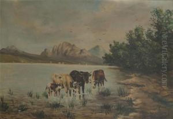 Mountainous Landscape With Cows Near The Water Oil Painting by Paul Henry Schouten