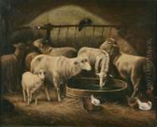 Sheep And Chickens In The Stable Oil Painting by Paul Henry Schouten