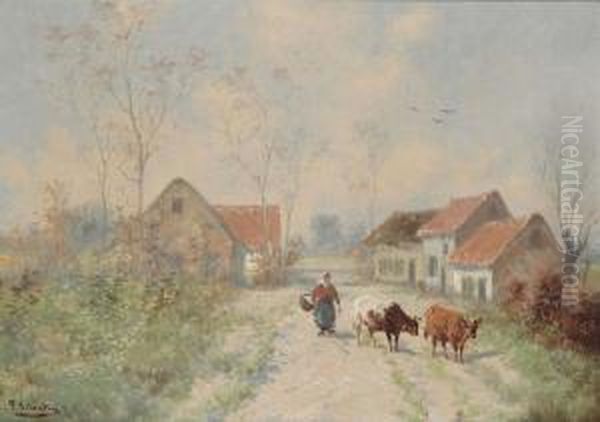 Farmer's Wife With Cows On A Country Road Oil Painting by Paul Henry Schouten