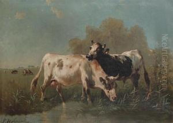 Cows In The Meadow Near The Water Oil Painting by Paul Henry Schouten