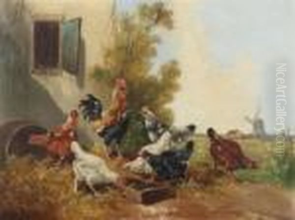 Chicken And Cocq On The Courtyard Oil Painting by Paul Henry Schouten