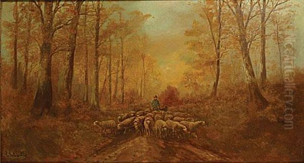 Herder Met Zijn Kudde In Een Bosdreef. Oil Painting by Paul Henry Schouten