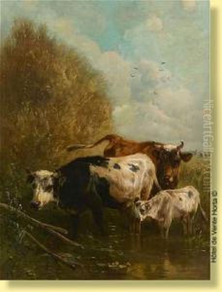 Vaches Et Veau A La Mare Oil Painting by Paul Henry Schouten