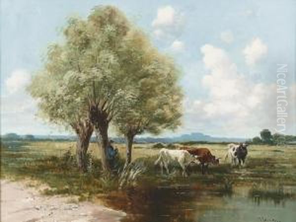 Drei Kuhe An Einer Tranke. Oil Painting by Paul Henry Schouten