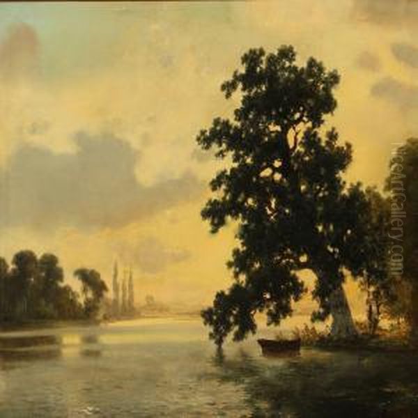 River Scene A Late Evening Oil Painting by Axel Thorsen Schovelin