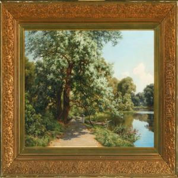 Summer Landscape With A Rowing Boat By A Stream Oil Painting by Axel Thorsen Schovelin