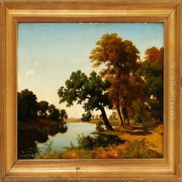 Summer Landscape Withtall Trees Near A Stream Oil Painting by Axel Thorsen Schovelin