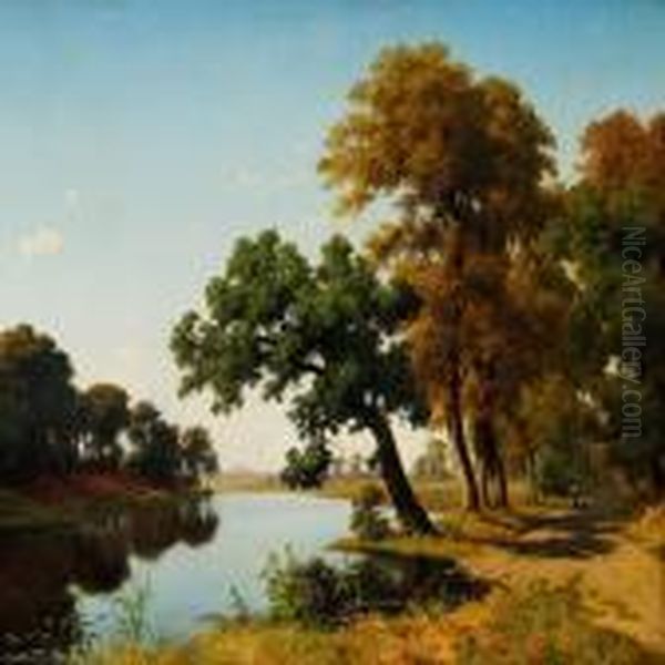 Summer Landscape With Figures Strolling On A Path Along A River Oil Painting by Axel Thorsen Schovelin