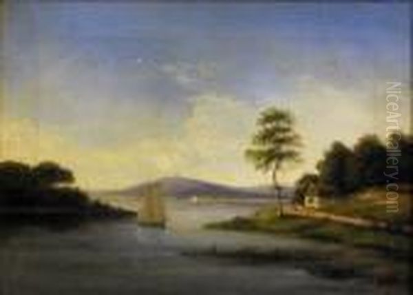 Boats On A Lake, With Figures By A Cottage Oil Painting by Axel Thorsen Schovelin