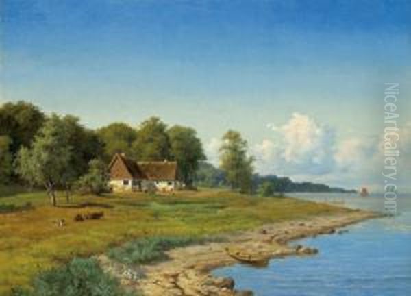 Northern European Coastal Landscape With Straw Thatched Farm House Oil Painting by Axel Thorsen Schovelin