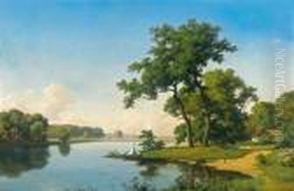 Seelandschaft Mit Hirtin Beim Tranken Der Kuhe. Oil Painting by Axel Thorsen Schovelin