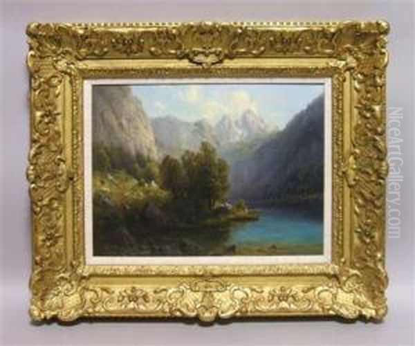 Alpine Lake View Oil Painting by Josef Schoyerer