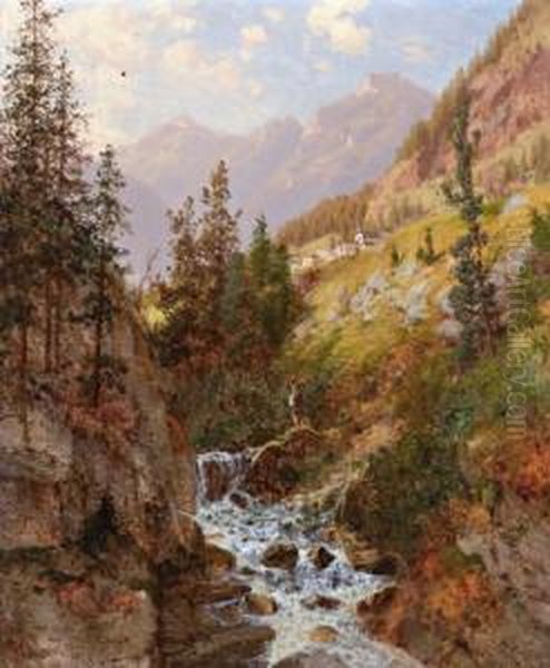 Angler Am Wildbach Oil Painting by Josef Schoyerer