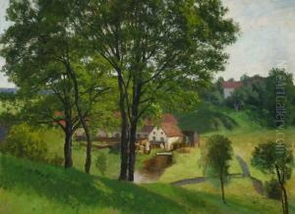 Blick Von Einer Anhohe Durch Baume Auf Ein Gehoft Mit Wassermuhle Oil Painting by Josef Schoyerer