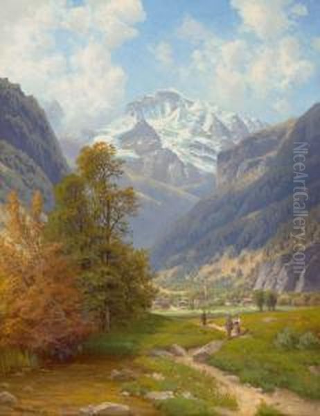 Mountain Landscape Oil Painting by Josef Schoyerer