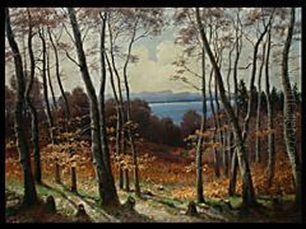 Blick Von Einer Waldlichtung Oberhalb Von Herrsching Uber Den Ammersee Zur Zugspitze Oil Painting by Josef Schoyerer