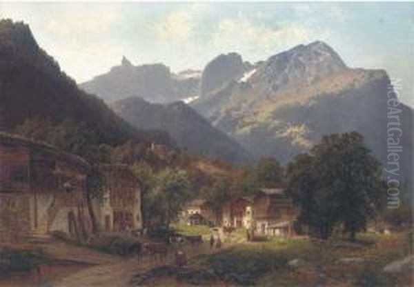 An Alpine Farming Town Oil Painting by Josef Schoyerer