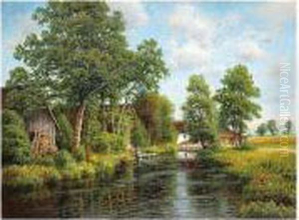 Farm By A River Oil Painting by Josef Schoyerer