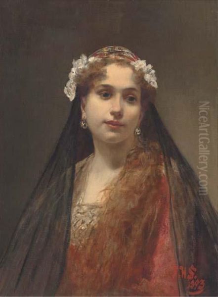 A Young Maiden Dressed In A Floral Veil Oil Painting by Alois Hans Schramm