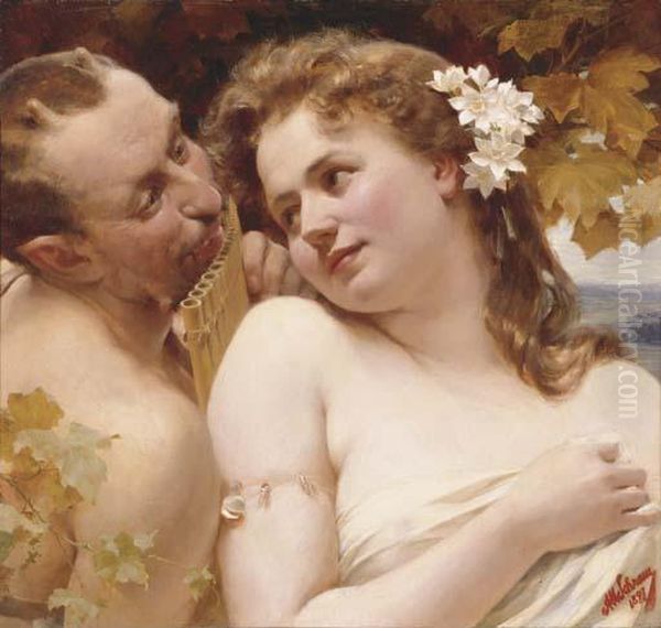 Faun And Nymph Oil Painting by Alois Hans Schramm