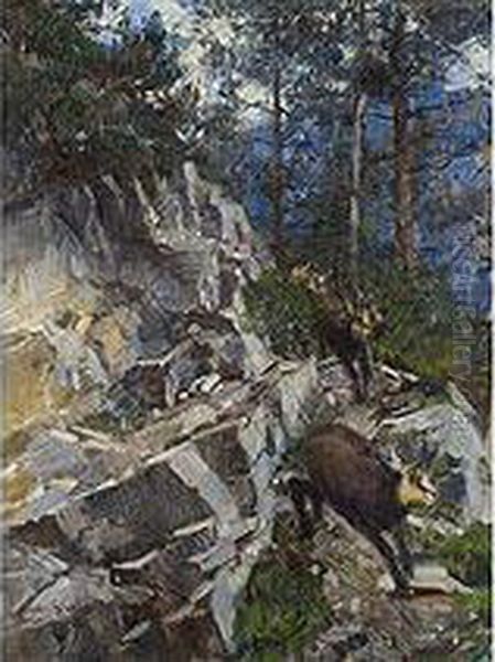 Gemsen Im Felsigen Hochwald Oil Painting by Rudolf Schramm-Zittau