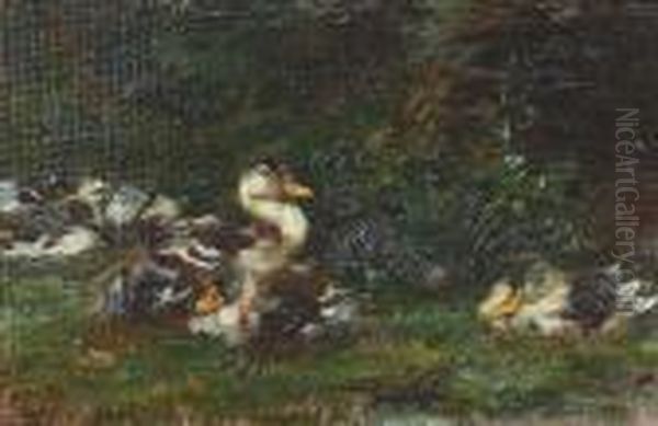 Nahansicht Einer Entenfamilie. Oil Painting by Rudolf Schramm-Zittau