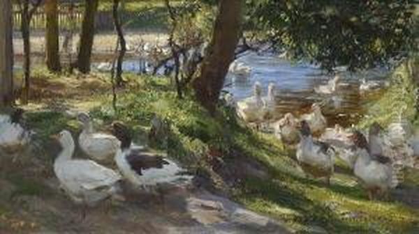 Ganse Am Wasser. Oil Painting by Rudolf Schramm-Zittau