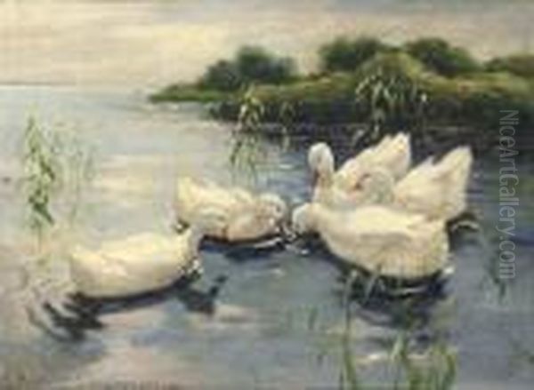 Ducks On A Stream Oil Painting by Rudolf Schramm-Zittau