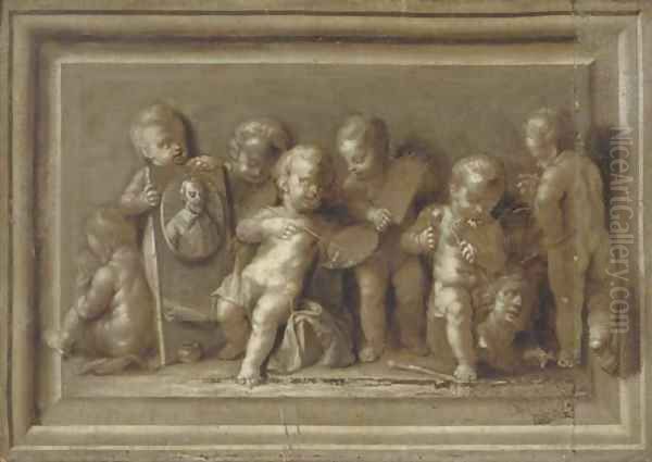 An allegory of art Putti disporting with a portrait of the artist, en grisaille Oil Painting by Louys Aernoutsz Elsevier