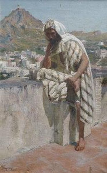 Portrait Of An Arab Gentleman Sitting On A Wall With Villagebeyond Oil Painting by Peter Conrad Schreiber