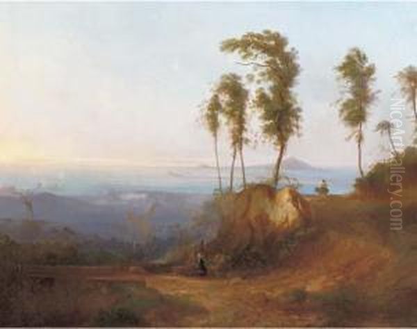 A Mediteranean Landscape With Travellers On A Path Oil Painting by Peter Conrad Schreiber