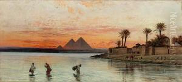 The Nile With The Pyramids Beyond Oil Painting by Peter Conrad Schreiber