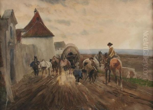 Pferdekutsche Vor Einer Alten Stadtmauer, Davor Reiter Und Personen Oil Painting by Wilhelm Schreuer