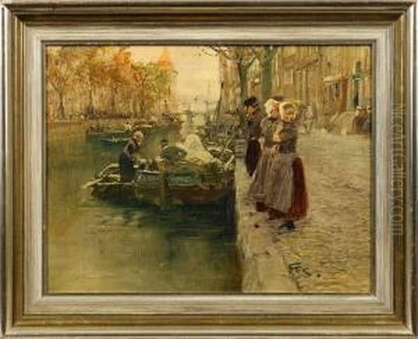 Belebte Gracht In Amsterdam Oil Painting by Wilhelm Schreuer