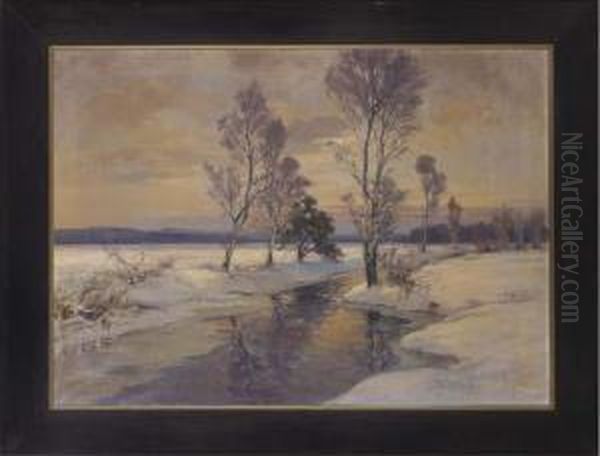 Winter Sunset Oil Painting by Franz Schreyer