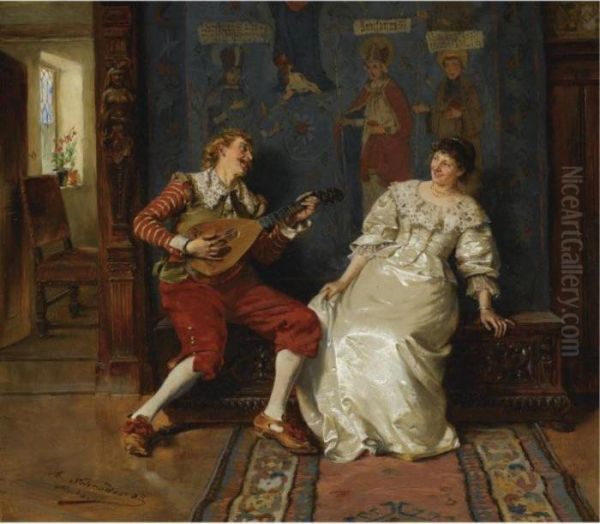 Ein Standchen (the Serenade) Oil Painting by Albert Friedrich Schroder