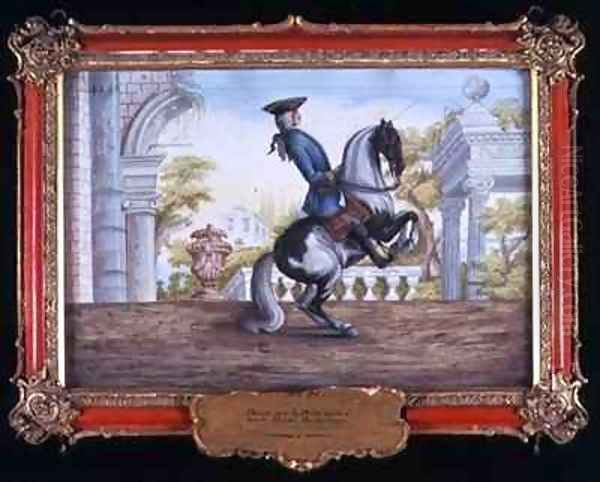 No 41 A skewbald horse of the Spanish Riding School performing the Pesade Oil Painting by Baron Reis d' Eisenberg