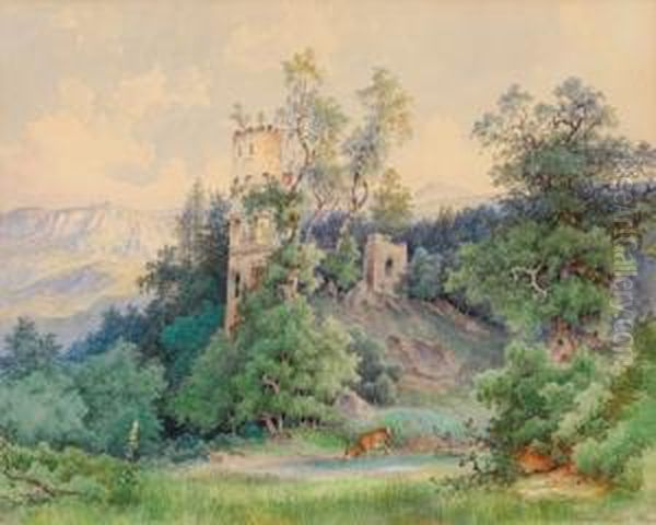 Landschaft Mit Ruine Und Hirsch Oil Painting by Heinrich Carl Schubert