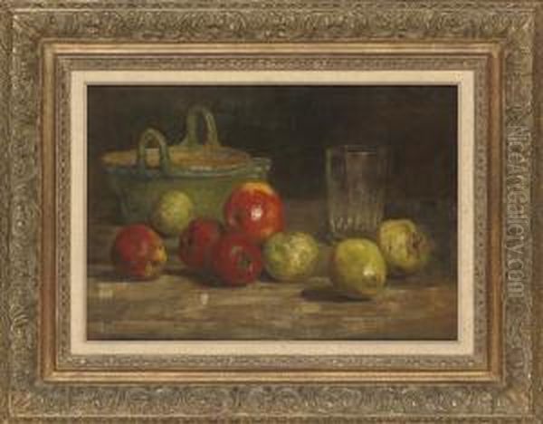 Apples, A Basket And A Glass, On A Table Oil Painting by Carl Schuch