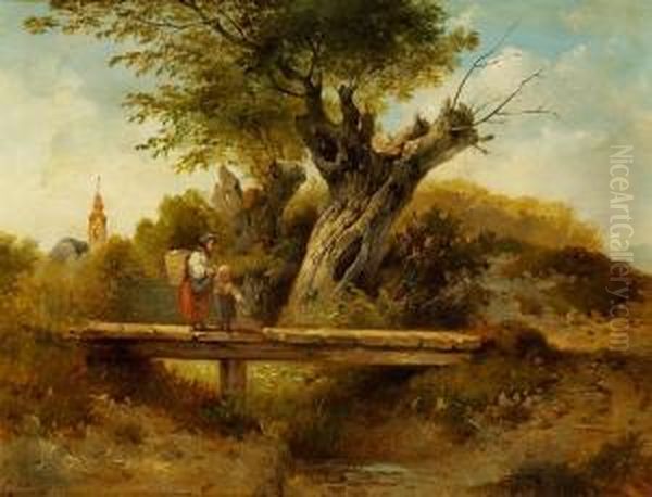 Woman And Child Crossing A Wooden Bridge Oil Painting by Dominik Schufried