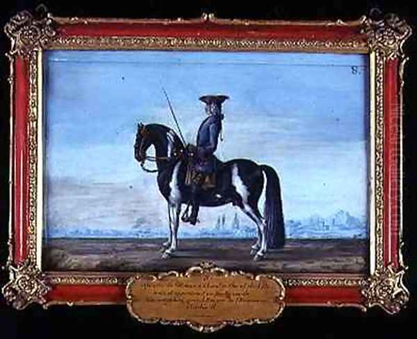 No 8 A piebald horse and rider from the Spanish Riding School the horse belonging to the late Prince of Schwartzenberg equerry to Emperor Charles VI Oil Painting by Baron Reis d' Eisenberg