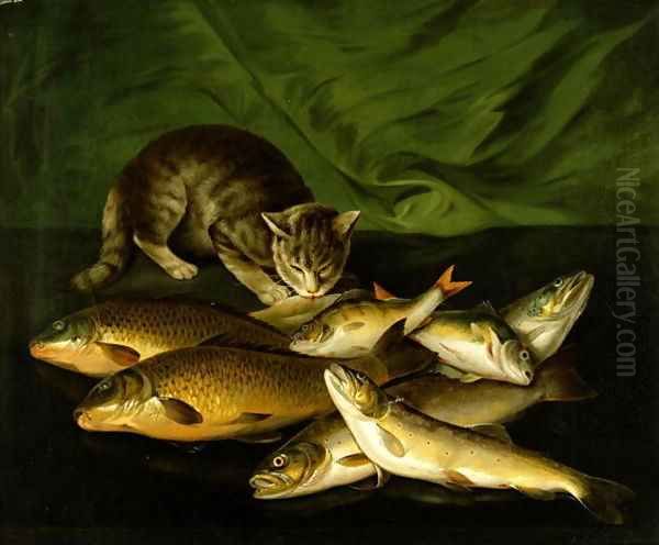 A Cat with Trout Perch and Carp on a Ledge Oil Painting by Stephen Elmer