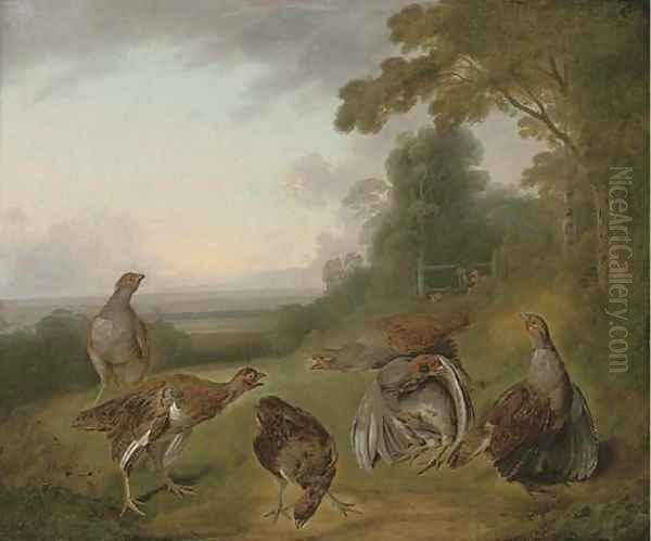 Grey partridge in a extensive landscape, with hunters beyond Oil Painting by Stephen Elmer