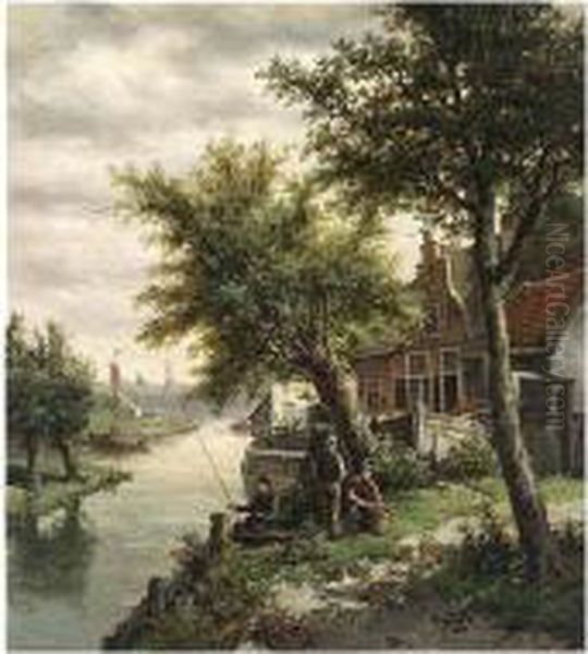 Anglers Along The Gooische Vaart, Hilversum Oil Painting by Leon Schulman