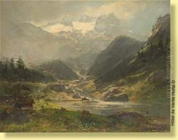 Troupeau S'abreuvant Sur Fond De Glacier Oil Painting by Karl Heinrich Schultze