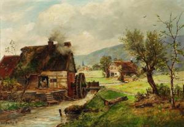 Muhle Am Fluss Oil Painting by Karl Heinrich Schultze