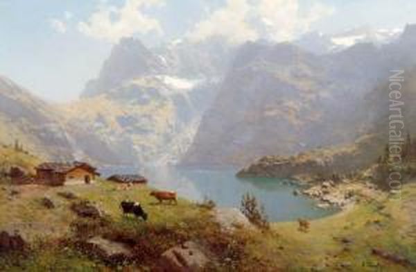 Mountain Landscape With Cows. Oil Painting by Robert Schultze